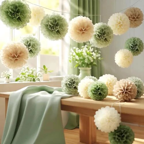 Miniatura 5 de Pompones de Papel de Seda Verde Oliva Salvia Decoraciones de Fiesta Safari Selva Flores de Papel Decoraciones Verde Natural Boho Decoración Colgante