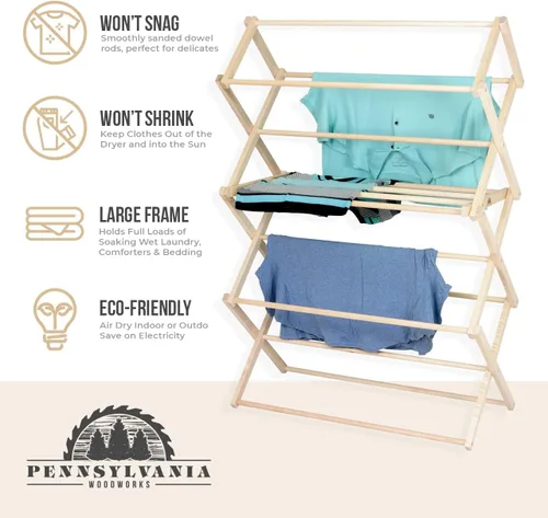 Miniatura 8 de Pennsylvania Woodworks Tendedero de Secado de Ropa: Tendedero de Lavandería de Madera Dura de Arce Macizo para Suéteres, Blusas, Lencería y Más