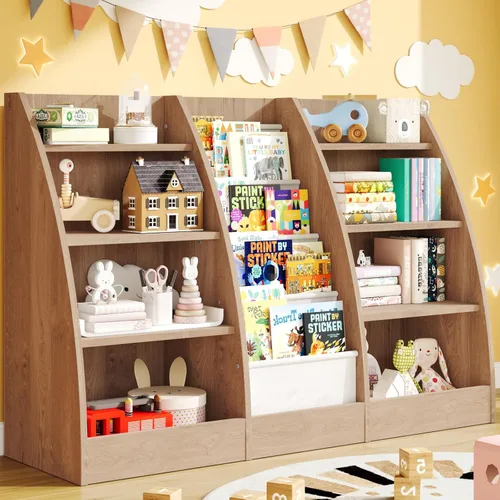Estantería para niños de 4 niveles, estante de 4 capas para habitaciones de niños, estantería de madera XXL para niños, estante de almacenamiento