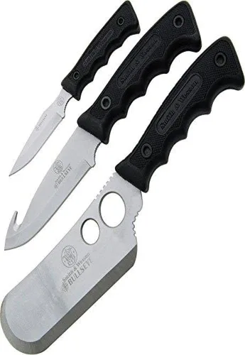 Smith & Wesson Bullseye SWCAMP - Juego de campamento de 3 piezas con cuchillas de acero inoxidable 3Cr13 y asas de acero de goma para exteriores,