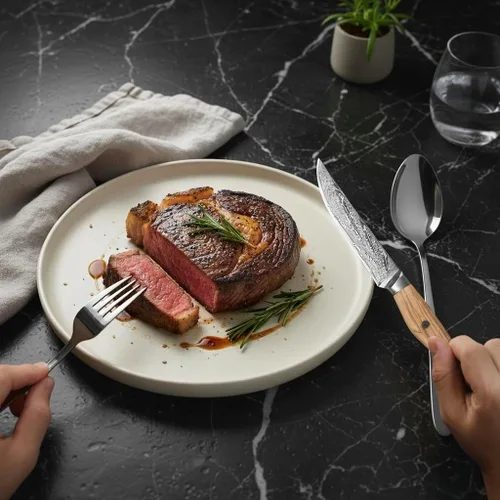 Miniatura 9 de Juego de 6 cuchillos para carne Damasco Premium no dentados con mango de madera de olivo natural, cuchillas de acero japonés de borde recto de 67
