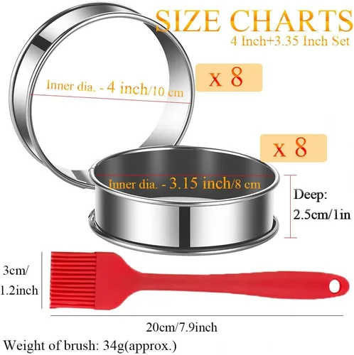 Miniatura 2 de 16 paquetes de anillos para muffins ingleses, anillos para crumpets de 4 pulgadas, acero inoxidable con doble borde enrollado, anillos para tartas