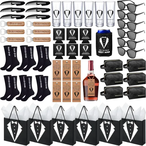 Miniatura 8 de 60 piezas de regalos para padrinos de boda, caja de propuesta para padrinos de boda con vasos de chupito, calcetines, gafas de sol, bolsa de aseo
