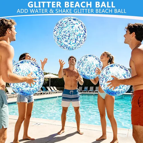 Miniatura 7 de Paquete de 5 bolas de playa de lentejuelas de 16 pulgadas y 24 pulgadas, inflables, confeti con purpurina, pelota de playa transparente, juguete
