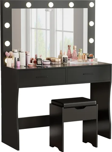 Miniatura 11 de Furmax - Escritorio de tocador con espejo, luces LED y toma de corriente, mesa de maquillaje con 7 cajones y 6 estantes de almacenamiento, mesa