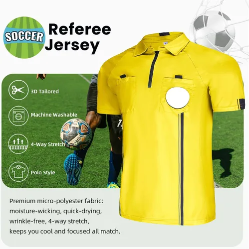 Miniatura 3 de CUTIEHON Camiseta de árbitro de fútbol, camiseta oficial de árbitro profesional de manga corta, con un soporte para insignia y bolsillos