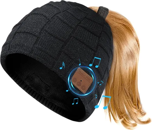 Miniatura 9 de Gorro Bluetooth para mujer con agujero para cola de caballo, gorro con auriculares integrado, micrófono integrado, regalos para mujer, W2-negro