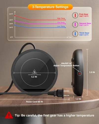 Miniatura 4 de SWEETFULL Calentador de taza de café, calentador eléctrico de taza de café de 36 W para escritorio con 3 ajustes de temperatura, calentadores
