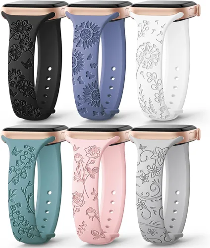 Miniatura 15 de AMSKY Paquete de 6 correas delgadas con grabado floral compatibles con Apple Watch Band 1.575 in 1.614 in 1.654 in 1.496 in 1.732 in 1.772 in 1.811