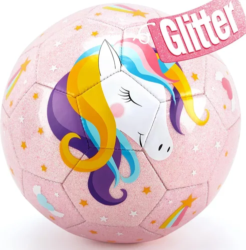 hahaland Balón de fútbol de tamaño 3 para niños con bomba y bolsa de malla, regalos de pelota de fútbol de unicornios con purpurina para niñas de 3