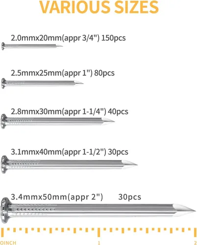 Miniatura 2 de Kit surtido de clavos para concreto para colgar cuadros, 330 piezas - 5 tamaños (hasta 2"), clavos para colgar cuadros en pared de madera, paneles