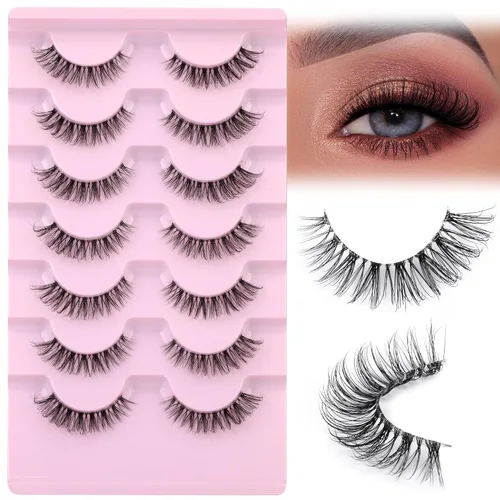 JIMIRE Pestañas de aspecto natural con banda transparente, semi-onduladas, cortas, postizas, esponjosas, 3D, para ojo de gato, pestañas de 13 mm,