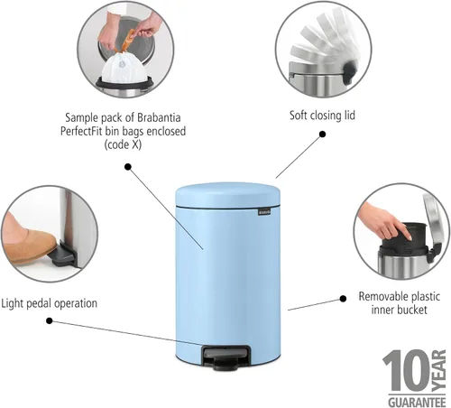 Miniatura 2 de Brabantia NewIcon - Cubo de basura con pedal de cierre suave para cocina, con cubo extraíble, 3.2 galones, azul soñado Azul (Dreamy Blue)
