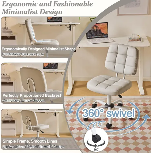 Miniatura 7 de VINGLI Silla de escritorio pequeña compacta, bonita silla sin brazos con ruedas, silla de tocador con respaldo bajo, silla de trabajo de altura Gris