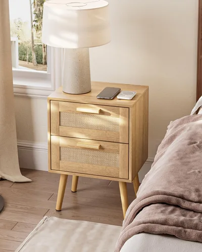 Miniatura 6 de Masupu Mesita de noche de ratán, moderna mesita de noche bohemia con 2 cajones, mesa auxiliar pequeña para dormitorio, sala de estar, oficina
