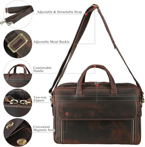Miniatura 5 de TIDING Maletín de cuero para hombres 17 pulgadas portátil Messenger Bag Office Work Business Bolsa de hombro bolsa de fijación