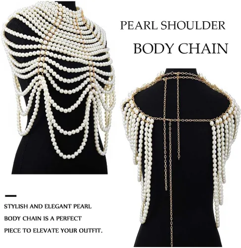 Miniatura 7 de Collar de chal de cadena de cuerpo de perlas, sujetador de perlas, cadena de hombro con cuentas sin espalda, cadenas en el pecho, traje rave
