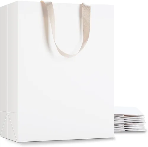 Miniatura 14 de Bolsas de regalo blancas con asas, 10 bolsas pequeñas de papel blanco de 5.25 x 3.75 x 8 pulgadas con asas de cinta, bolsa de compras de papel kraft
