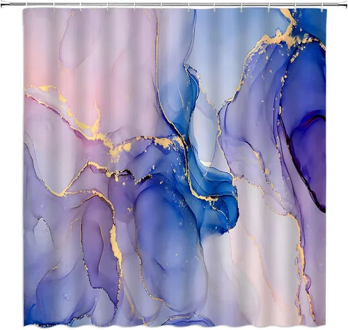 Miniatura 7 de Cortina de ducha de mármol verde azulado y rosa, moderna, abstracta con textura de mármol azul, rayas doradas, elegante decoración de tela de lujo