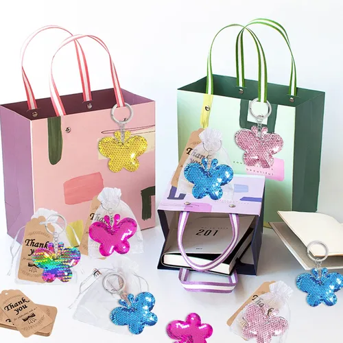 Miniatura 4 de CiciBear Paquete de 60 juegos de fiesta de lentejuelas grandes de doble cubierta con 20 llaveros, 20 etiquetas de agradecimiento y 20 bolsas