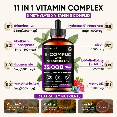 Miniatura 4 de Venture Pal Vitamina B Complex Liquid Drops, B12 Metilcobalamina B9 Fólico B1, B2, B3, B5, B6, B7 - Vitamina C, colina, inositol, metabolismo