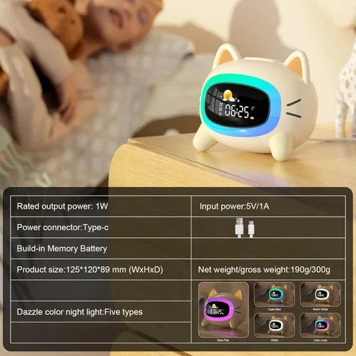 Miniatura 6 de ANALOI Reloj despertador para niños, reloj despertador Ok to Wake para niños, reloj de luz nocturna para dormitorio, reloj despertador para gatos