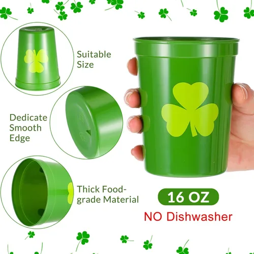Miniatura 2 de Patelai 32 vasos de plástico para fiesta del día de San Patricio, 16 onzas, reutilizables, de trébol de la suerte, para fiestas del día de San Verde