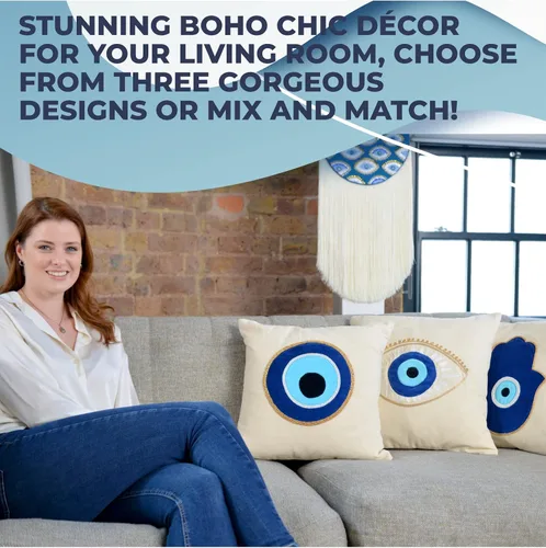 Miniatura 4 de WALBROOK Funda de almohada de mal de ojo bohemio Hamsa de 18 x 18 pulgadas, fundas de almohada decorativas, decoración de ojo azul, almohadas azules