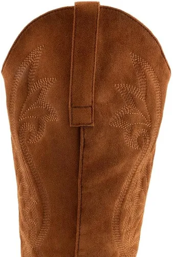 Miniatura 4 de WIRALOMI Botas vaqueras de tacón grueso bordado hasta la rodilla para mujer, botas vaqueras con punta puntiaguda