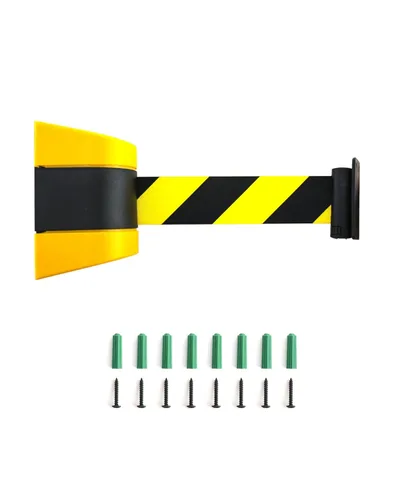 Miniatura 4 de QWORK Barrera de cinturón retráctil de montaje en pared fija, caja ABS de 16 pies, cinturón de seguridad negro y amarillo con tornillos