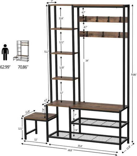 Miniatura 2 de Espelism Árbol de pasillo con banco de almacenamiento de zapatos, perchero con 7 ganchos intercambiables de 4 niveles, estantes de almacenamiento