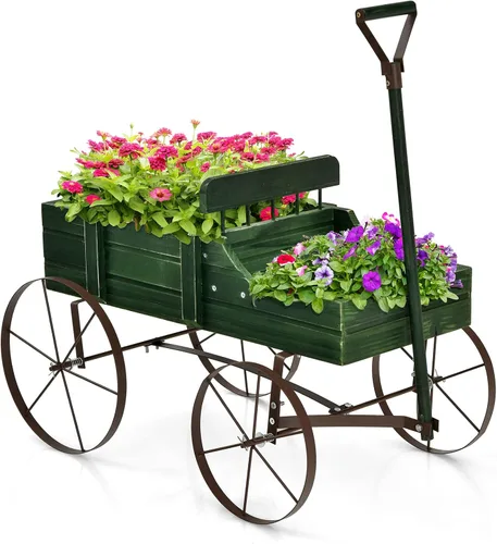 Miniatura 13 de Giantex Maceta decorativa para jardín, carrito pequeño con ruedas de metal, camas elevadas de madera, soporte para macetas para patio trasero, Gris
