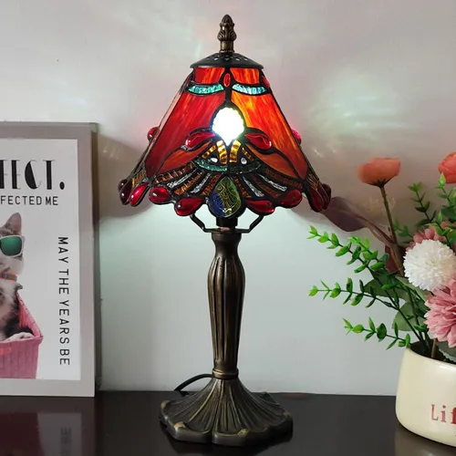 Miniatura 4 de Tiffany - Lámpara de mesa con perlas rojas, estilo barroco, vitral, luz de escritorio, pequeña lámpara de noche estilo Tiffany con bombilla LED