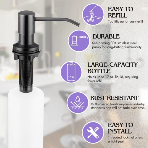 Miniatura 3 de Dispensador de jabón para fregadero de cocina, integrado, acero inoxidable (metal de pistola), juego de bomba para jabón o loción, recarga desde