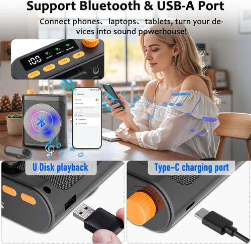 Miniatura 8 de Amplificador de voz Micrófono inalámbrico con Lavalier magnético, amplificador de voz Bluetooth para profesores con 2 micrófonos, micrófono portátil