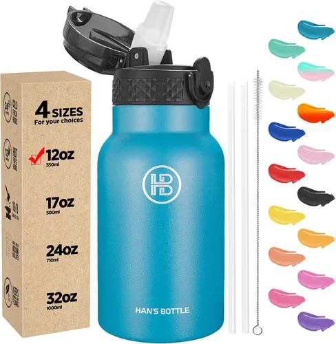 Miniatura 36 de Han's Bottle - Botella de agua para niños con tapa con pajilla - Vaso reutilizable de acero inoxidable aislado para niñas, niños, taza termo, 17