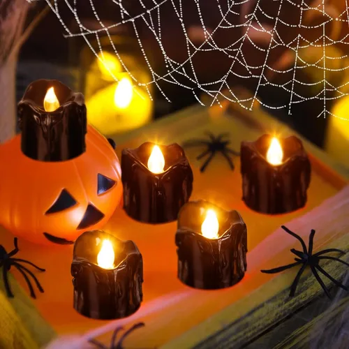 Miniatura 5 de 24 velas de decoración de Halloween para interiores, velas de té negra: velas LED sin llama, funciona con pilas, decoración de mesa con telarañas