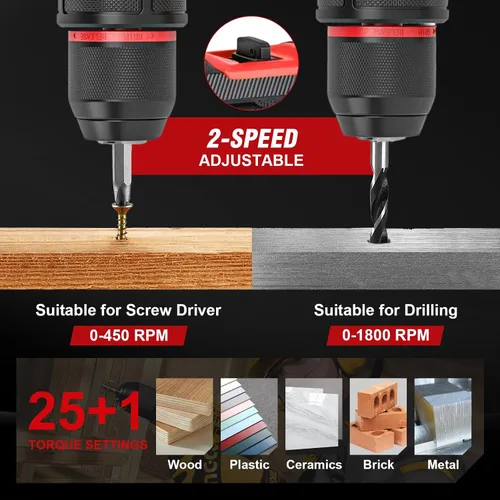 Miniatura 4 de Taladro inalámbrico, taladro eléctrico sin escobillas de 21 V con doble paquete de potencia de 2.0 Ah y cargador, juego de taladros eléctricos