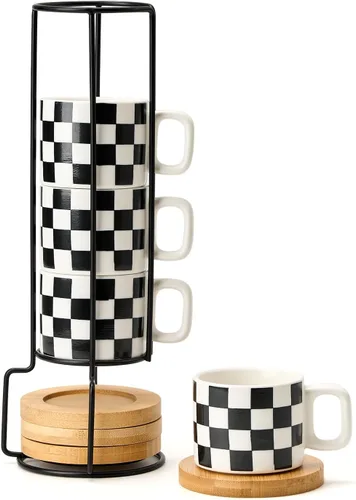 Miniatura 12 de LUKA Tazas de Porcelana Apilables a Cuadros Blancos y Negros para Espresso con Platillos y Soporte de Metal, Juego de Tazas Pequeñas de Cerámica