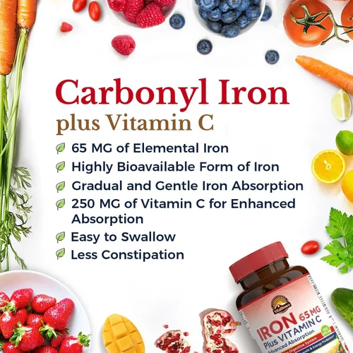 Miniatura 2 de Vitalitown Suplemento de hierro para mujeres y hombres, hierro de alta potencia de 65 mg con vitamina C de 250 mg, menos estreñimiento, mejor