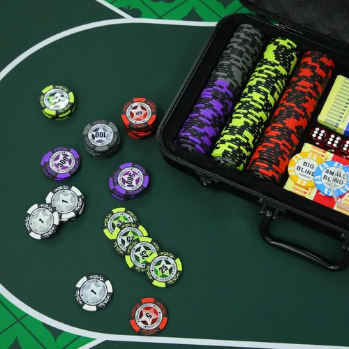 Miniatura 7 de ORIENGEAR Juego de fichas de póquer con denominaciones, 300 unidades de 14 gramos de fichas de casino de arcilla compuesta con estuche ABS y 2 mazos