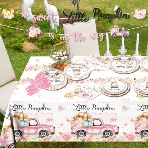 Miniatura 4 de Decoraciones de Vajilla para Fiesta de Baby Shower Little Pumpkin, 142 Piezas Una Dulce Calabacita Está en Camino Niña Rosa Floral Camión Mantel
