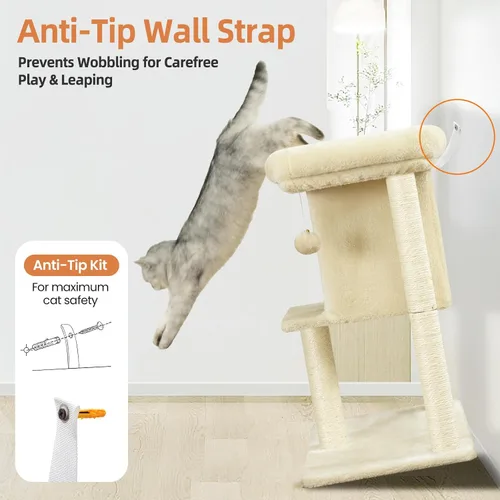 Miniatura 8 de Poste rascador de torre para gatos grandes de interior, árbol pequeño para gatos con cama grande, casa de árboles de 28 pulgadas de alto con cueva