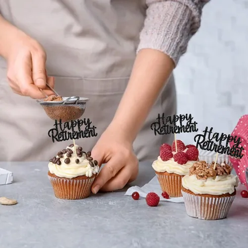 Miniatura 8 de Gyufise Decoración negra para cupcakes con purpurina para jubilados, decoración de pasteles para fiestas de jubilación, paquete de 36