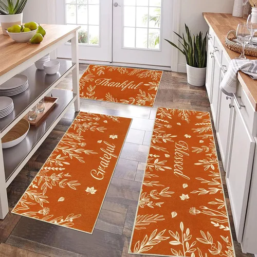 Miniatura 8 de Pauwer Juego de 3 alfombras de cocina de Navidad, tapetes de cocina con flores de Navidad, alfombras y tapetes de cocina antideslizantes y lavables