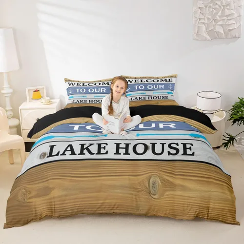 Miniatura 7 de Erosebridal Juego de ropa de cama individual con diseño de peces de lubina, la vida es mejor en el lago, funda de edredón para niños y niñas, funda