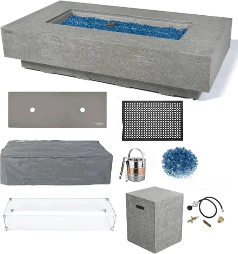 Miniatura 32 de Elementi+ Mesa de Fuego de Gas Colorado de Hormigón Fundido de 56" Rectangular, Hoguera al Aire Libre con Ignición Electrónica Incluye Cubierta