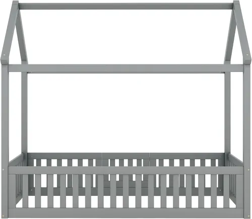 Miniatura 5 de Bellemave Cama Montessori de tamaño individual para niños, camas de piso de madera con barandillas de valla y puerta, cama individual para niños