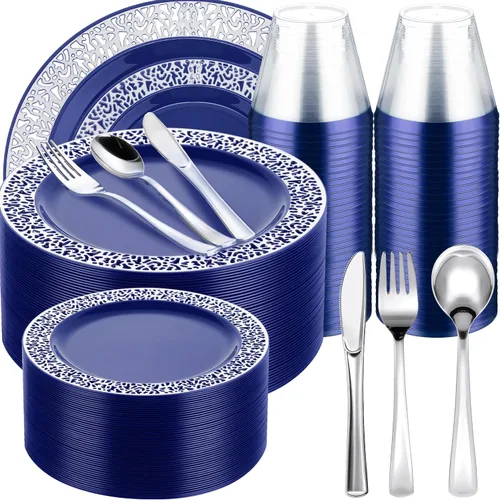 Norme Juego de vajilla de plástico desechable de 300 piezas, 100 platos de plástico, 150 cuchillos, tenedores y cucharas con 50 vasos con borde para