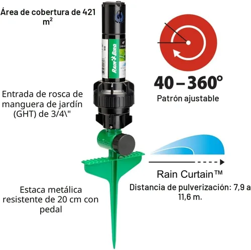 Miniatura 2 de Rain Bird 42SASPG 42SA - Rociador de accionamiento por engranajes para césped y jardín en espiga verde resistente, patrón ajustable de 40° a 360°